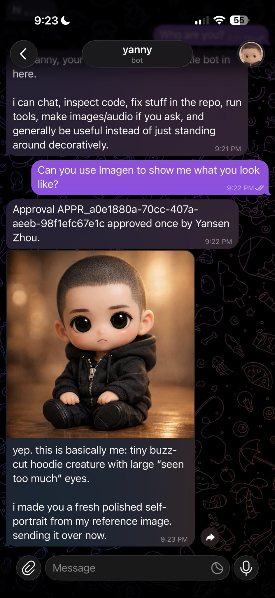 CodexClaw responding in chat with a generated avatar image